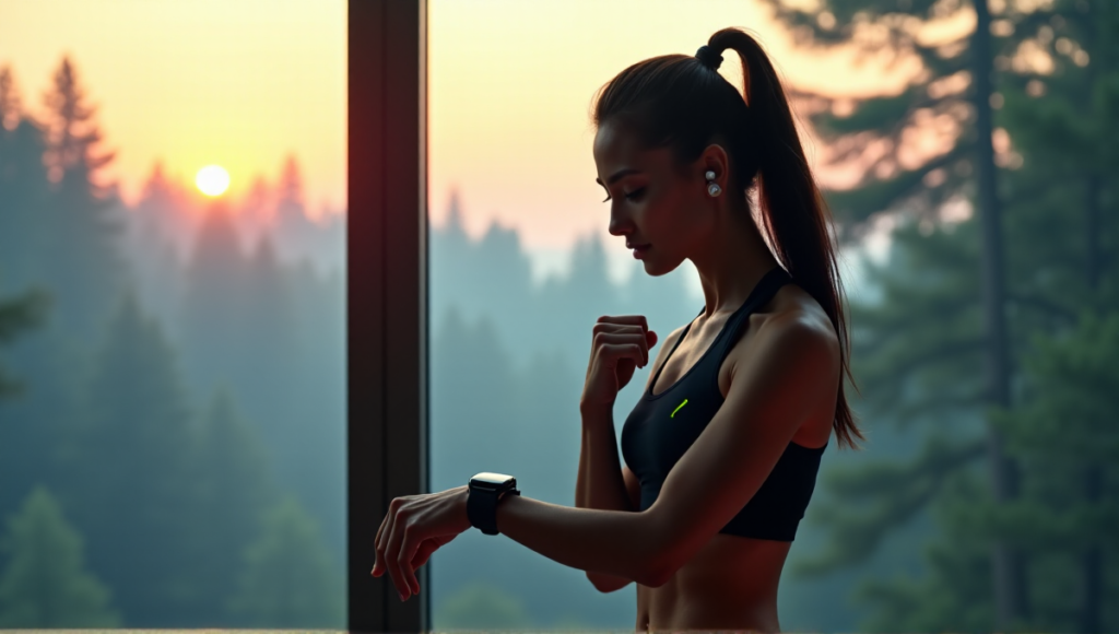 "A woman in athletic wear stands confidently near a window, gazing at her sleek black sports watch with determination, surrounded by a serene misty forest at dawn."