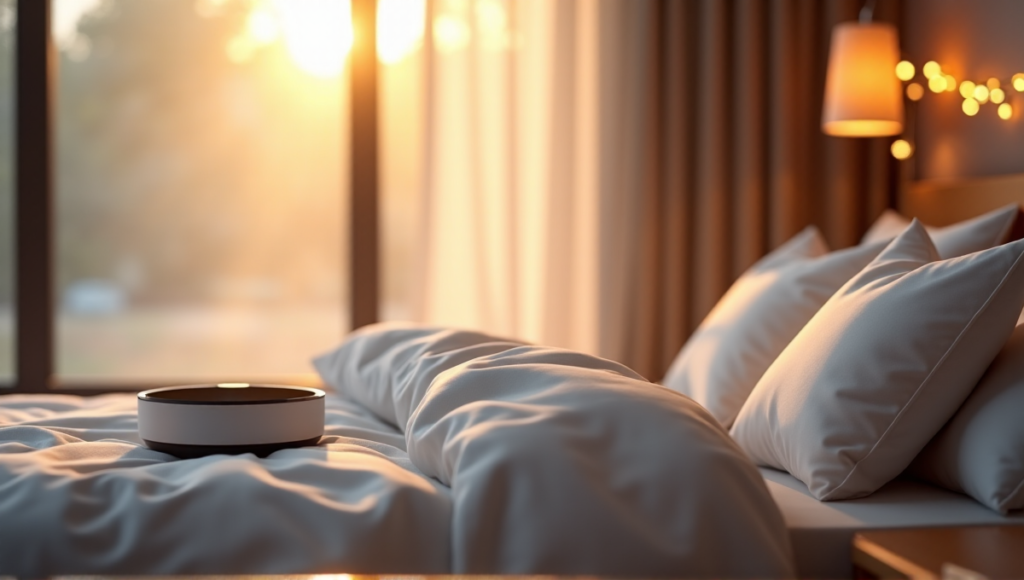 "A serene bedroom scene featuring a silver smart sleep tracker on a minimalist nightstand amidst calming elements and warm golden hour light."