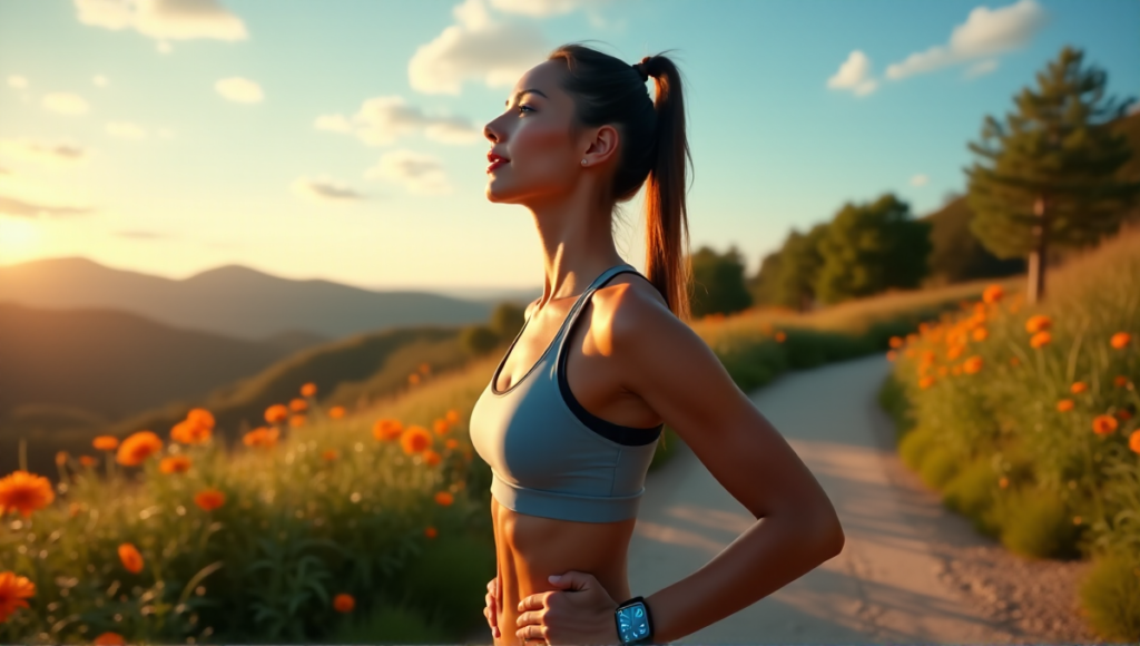 A young woman stands confidently on an outdoor trail surrounded by lush greenery, wearing a sleek black fitness tracker and smartwatch, gazing upwards with determination and empowerment.
