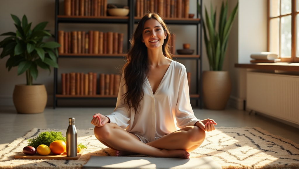 "A serene woman sits on a Moroccan-inspired rug surrounded by health essentials, fresh produce, and wellness books in a peaceful space promoting balance through wellness tech."