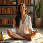 Smart Health Essentials: Top Picks for Optimal Wellness and Balance "A serene woman sits on a Moroccan-inspired rug surrounded by health essentials, fresh produce, and wellness books in a peaceful space promoting balance through wellness tech."