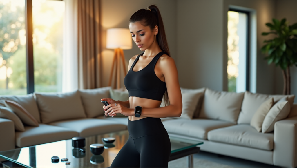 "A young woman stands confidently in a modern living room, surrounded by top fitness trackers and smart gadgets, wearing athletic attire and holding a high-end smartwatch with determination."