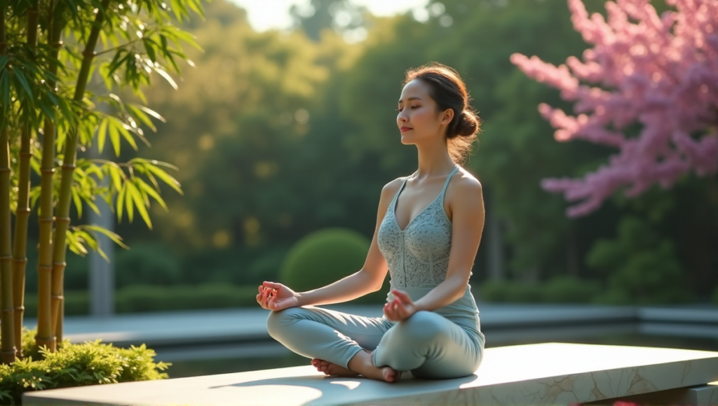 "A serene woman meditates in a lush Zen garden surrounded by bamboo and cherry blossoms, wearing a pale blue yoga outfit."