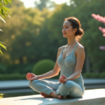 Wellness Tech Essentials 2025: Top Gadgets for Effortless Balance and Optimal Health "A serene woman meditates in a lush Zen garden surrounded by bamboo and cherry blossoms, wearing a pale blue yoga outfit."