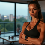 "Top Fitness Trackers That Work as Hard as You Do - Ultimate Guide to Achieving Your Goals in 2025" "A woman in workout attire stands confidently near a window with cityscape at dusk, wearing a sleek black sports watch, conveying determination and motivation."