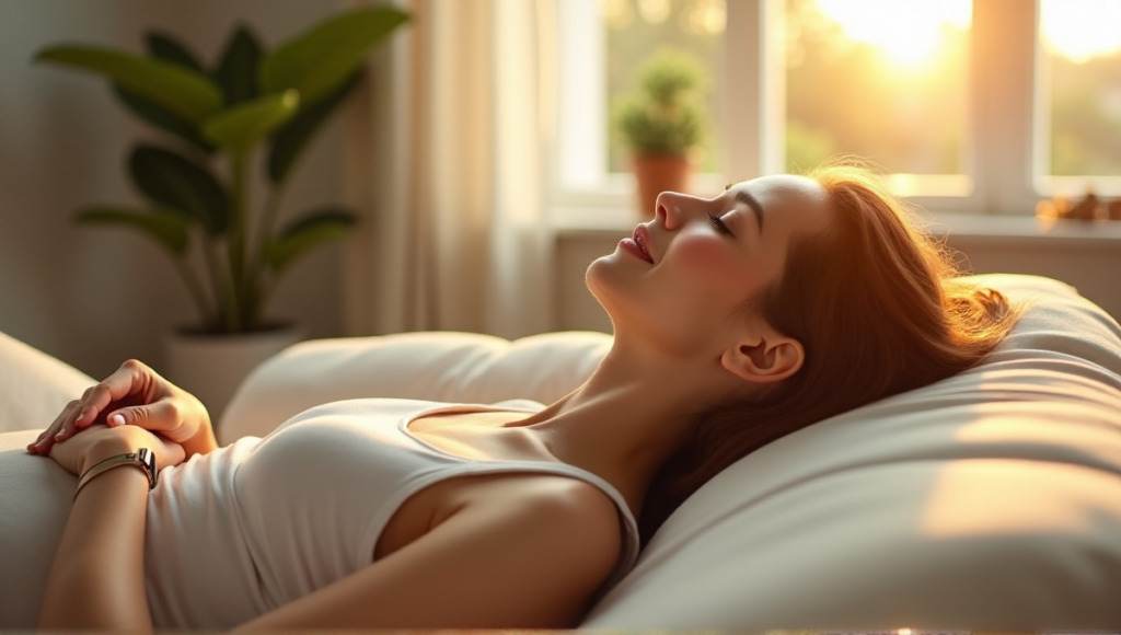 A serene woman relaxes on a cream-colored couch with a brain-sensing headband discreetly placed nearby, surrounded by a minimalist living room with soft natural light and calming plants.
