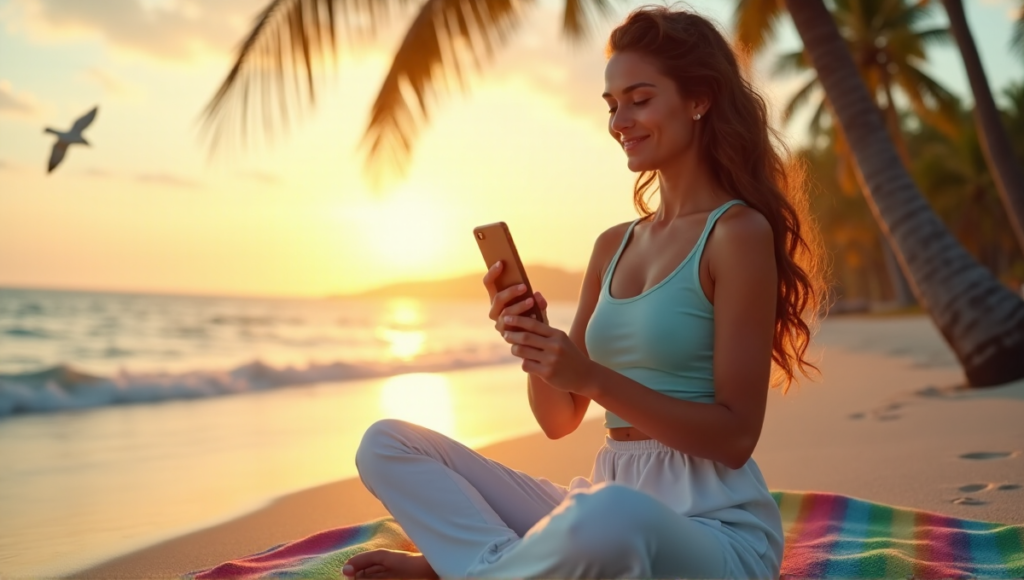"A serene young woman on a beach transitions to vibrant wellness apps on her smartphone, showcasing various moods and emotions in wellness tech."