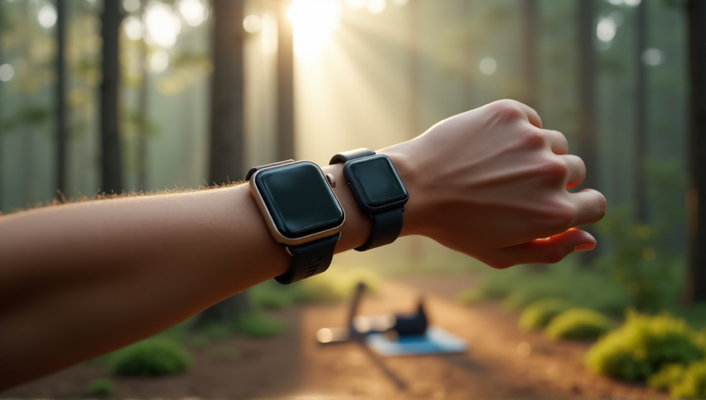 "A person wearing multiple wellness gadgets on their wrist in a misty morning forest setting, surrounded by exercise equipment."