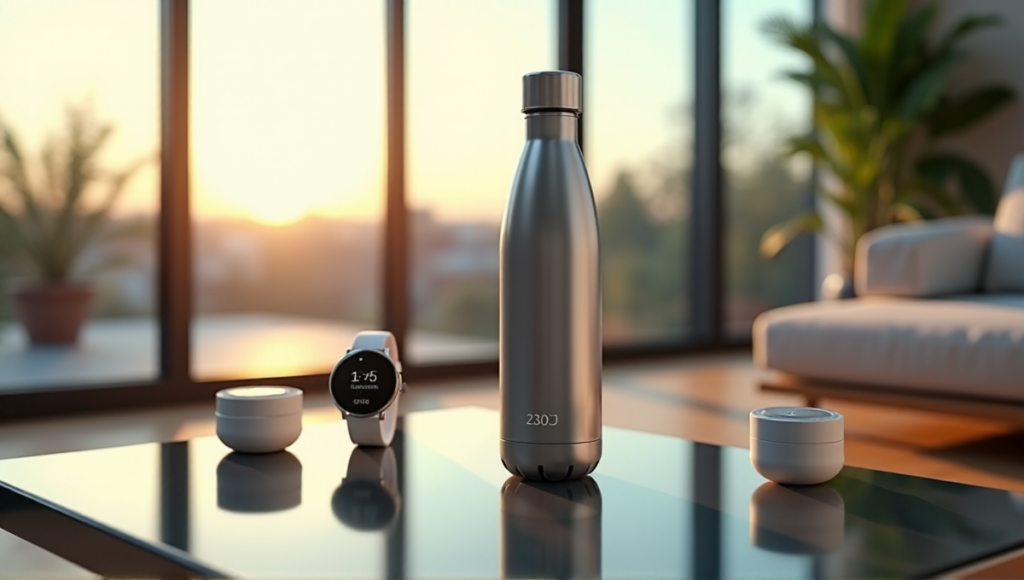 A serene living room featuring various wellness gadgets, including a smart water bottle, fitness tracker watch, air purifier, and sleep monitoring device, showcasing cutting-edge wellness tech in harmony.