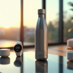 A serene living room featuring various wellness gadgets, including a smart water bottle, fitness tracker watch, air purifier, and sleep monitoring device, showcasing cutting-edge wellness tech in harmony.