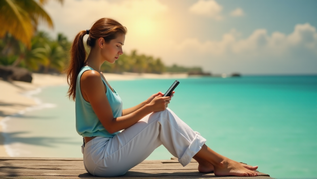 "A young woman sits on a beach dock at sunrise, using health and wellness apps on her smartphone while reflecting on her fitness goals with determination."