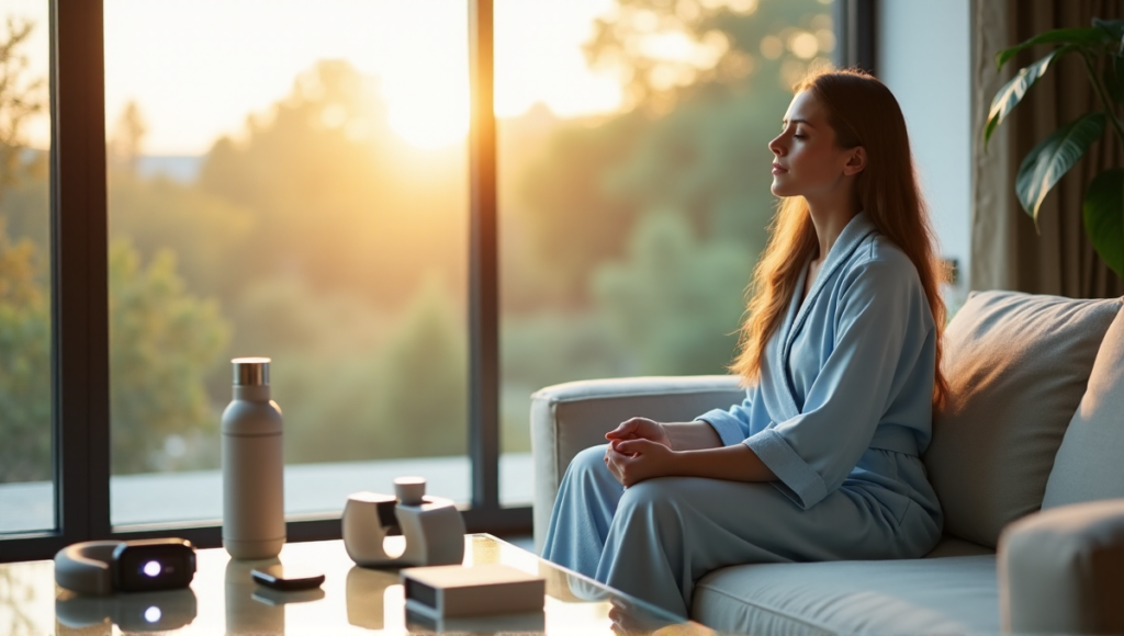 "A serene woman meditates on a minimalist couch surrounded by wellness gadgets and devices in a peaceful, natural lit setting."