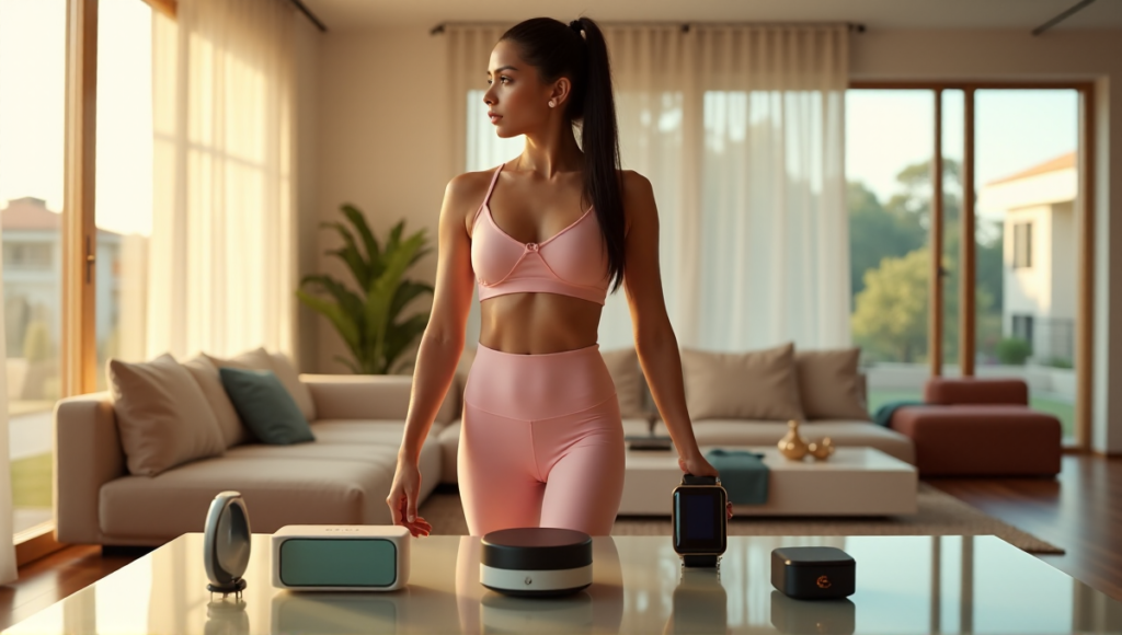 "A young woman stands confidently in a modern living room surrounded by cutting-edge wellness gadgets, exuding motivation and empowerment."