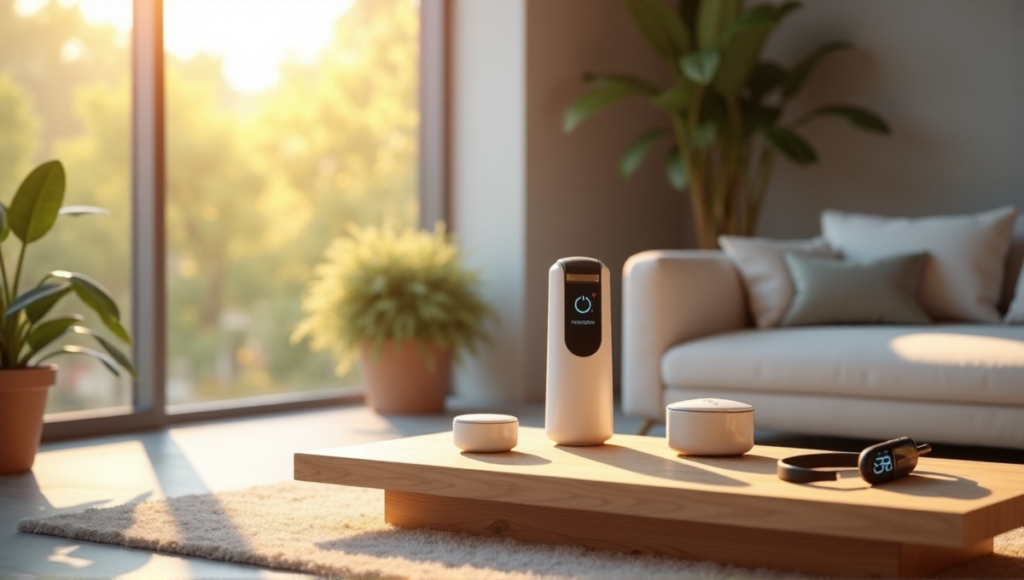 "A serene modern living room featuring wellness tech essentials, including an air quality monitor, smart water bottle, meditation device, and fitness tracker."