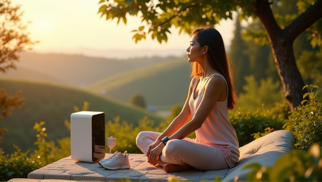 "A serene woman sits on a natural stone bench amidst lush greenery with various wellness gadgets and devices surrounding her."