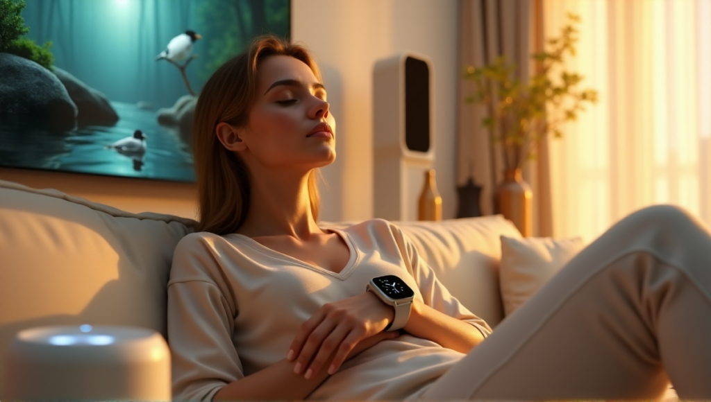 "A woman relaxes on a cream-colored couch surrounded by smart wellness gadgets in a serene sanctuary lit by golden hour lighting."