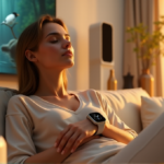Transform Your Wellness Routine with Top Smart Gadgets for Optimal Health and Balance "A woman relaxes on a cream-colored couch surrounded by smart wellness gadgets in a serene sanctuary lit by golden hour lighting."