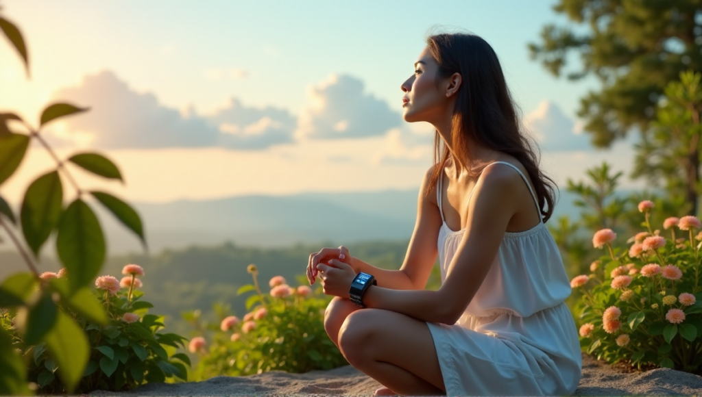 "A serene woman sits on a natural stone bench amidst lush greenery, surrounded by vibrant flowers, with smartwatch and fitness tracker emitting soft blue glow."