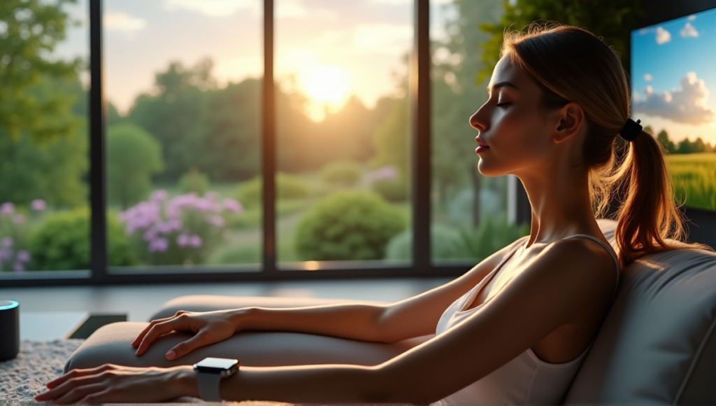 "A woman sits on a gray couch in a modern living room surrounded by wellness tech, including an Apple Watch, smart speaker, and large TV displaying nature scenes."