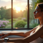Smart Devices Revolutionizing Modern Wellness: Unlock Optimal Health and Balance with Top Picks "A woman sits on a gray couch in a modern living room surrounded by wellness tech, including an Apple Watch, smart speaker, and large TV displaying nature scenes."