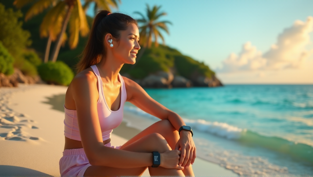 "A serene woman sits on a beach at sunset, surrounded by lush greenery, wearing wellness tech accessories like a fitness tracker, smartwatch, and wireless earbuds."