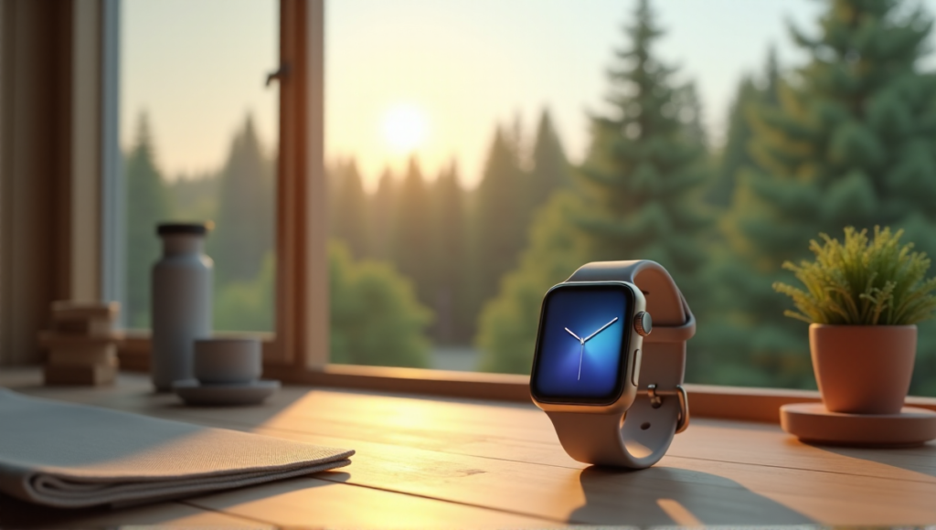 "A sleek silver smartwatch on a minimalist wooden desk amidst a serene morning environment with wellness objects and a blurred forest landscape."