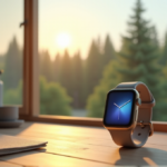 Smart Gadgets That Work as Hard as You Do for Balance and Optimal Health "A sleek silver smartwatch on a minimalist wooden desk amidst a serene morning environment with wellness objects and a blurred forest landscape."