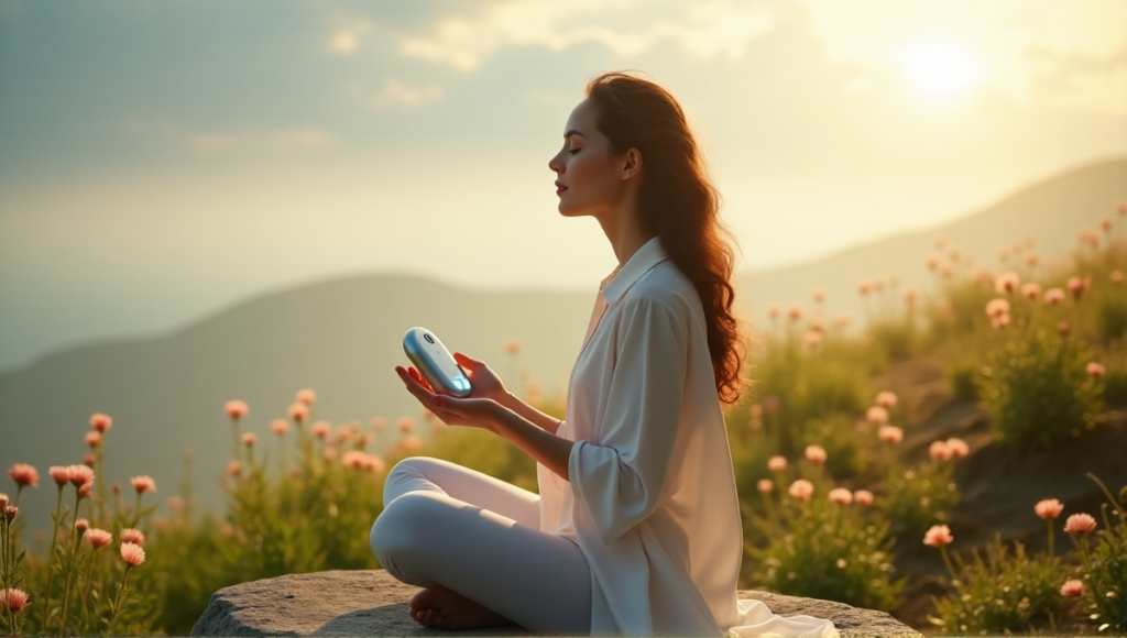 "A serene woman sits on a natural stone bench amidst lush greenery and vibrant flowers, holding a sleek silver meditation device with gentle glow, surrounded by soft morning sunlight and wispy clouds."