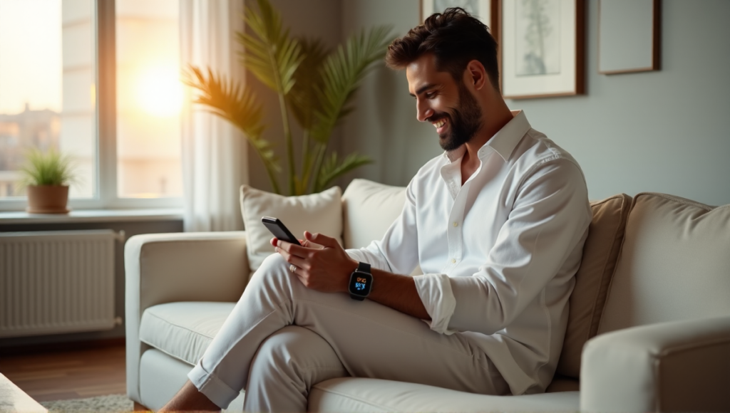 "Close-up of a person, Zenon, wearing health tracking devices on wrist and ankle, surrounded by wellness tech in a serene living room."