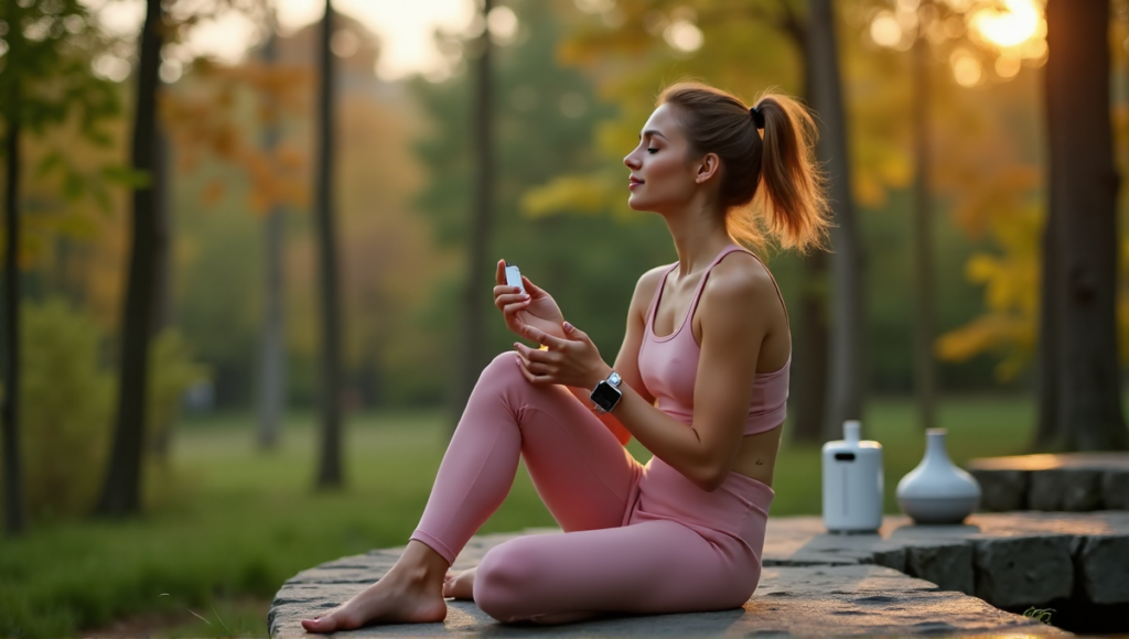 "A serene woman sits on a natural stone bench in a lush forest, surrounded by autumn foliage, with wellness gadgets discreetly placed nearby, showcasing her use of modern wellness tech."