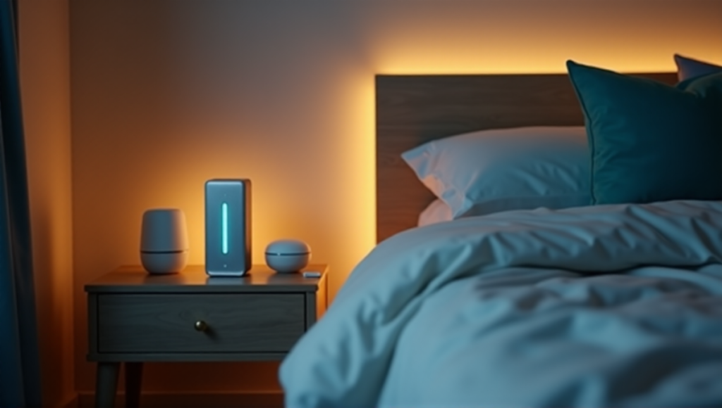 "A serene bedroom scene featuring a smart sleep tracker device, Zenon, with soothing gadgets and calming colors, inviting relaxation and tranquility."