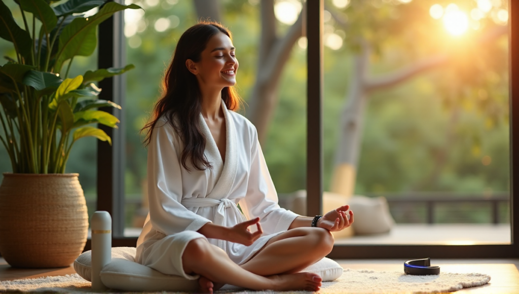 "A serene woman in a white robe surrounded by wellness gadgets, including a smartwatch, air purifier, meditation cushion, and crystal-infused water bottle, amidst lush greenery."