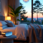 "Sleep Smarter Tonight: Unlock Better Rest with Zenon's Expert Sleep Tech Picks" A serene bedroom at dusk featuring Zenon's Expert Sleep Tech device on an elegant bedside table amidst calming candles, plush throw blanket, and soft gray hues, surrounded by warm beige walls and tranquil outdoor scenery.