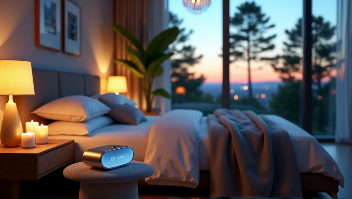 A serene bedroom at dusk featuring Zenon's Expert Sleep Tech device on an elegant bedside table amidst calming candles, plush throw blanket, and soft gray hues, surrounded by warm beige walls and tranquil outdoor scenery.