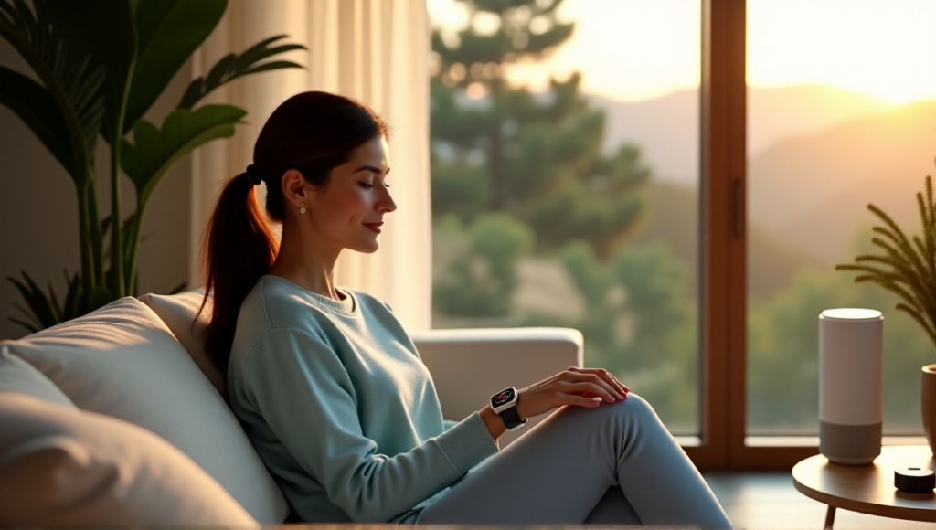 A serene woman sits on a plush couch surrounded by wellness-promoting smart gadgets in a peaceful living room with lush greenery and natural light."