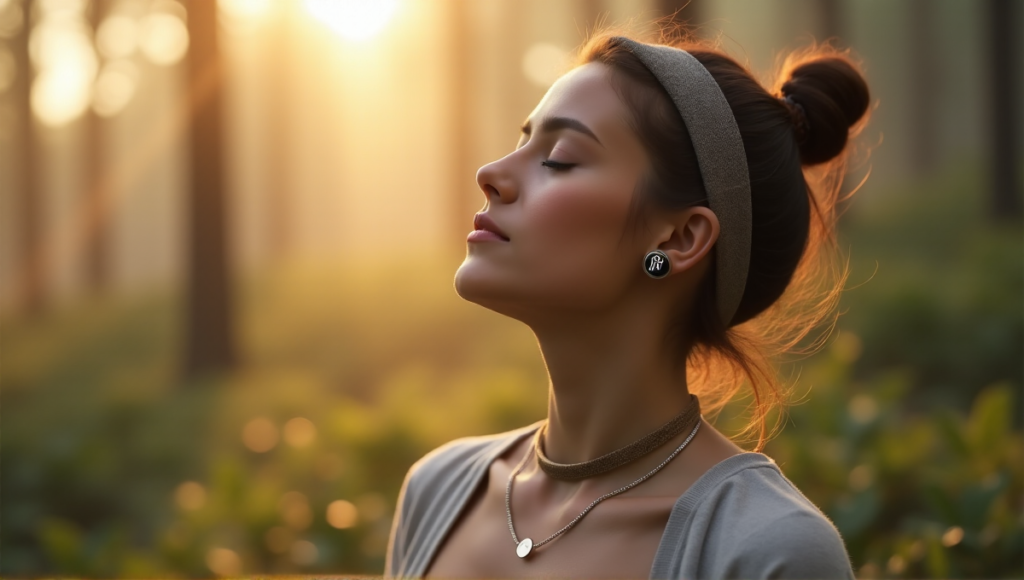 "A serene woman wearing multiple health monitoring wearables in a misty forest at dawn, embodying optimal wellness with a calm expression."