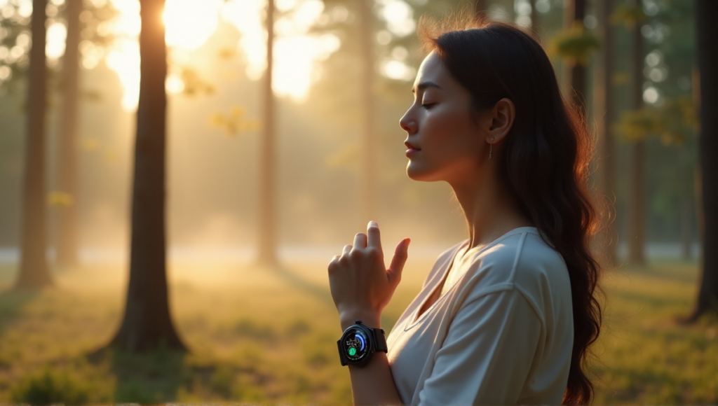 "A serene woman stands in a misty forest at dawn, wearing a Zenon smartwatch with health monitoring interface, exuding inner peace amidst natural surroundings."