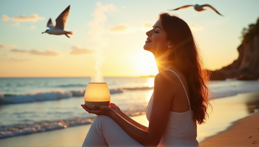 "A serene woman sits on a tranquil beach at sunrise, surrounded by ocean waves, holding an essential oil diffuser emitting soothing mist amidst a peaceful atmosphere."
