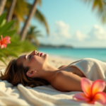 "Unlock Effortless Wellness with Smart Tools That Make Healthy Living Easy" "A serene woman relaxes on a beach towel amidst lush greenery and tropical flowers, surrounded by peaceful ocean views and warm natural light."