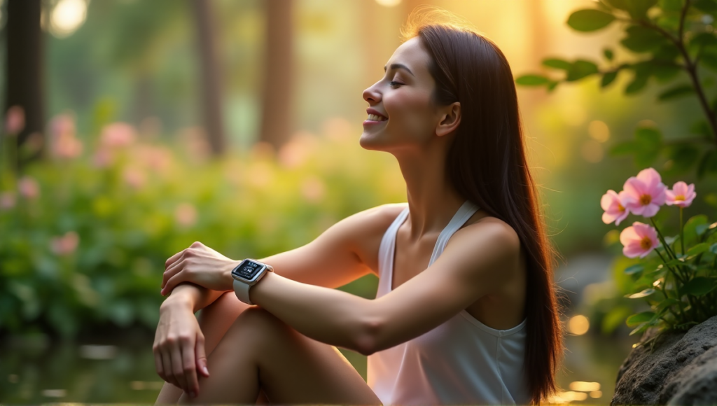 "A serene woman sits on a natural stone bench in a forest clearing, wearing a sleek silver smartwatch displaying health metrics, surrounded by lush greenery and vibrant flowers."