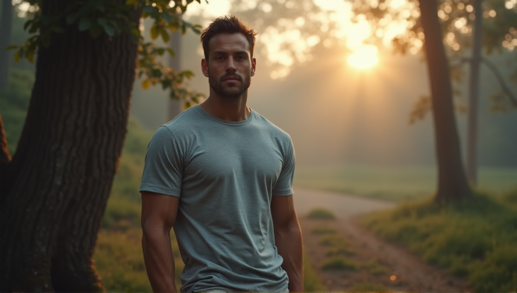 "A serene image of Zenon standing confidently in a misty forest at dawn, wearing fitness tracker and holding smartwatch, exuding a sense of wellness and inner peace."