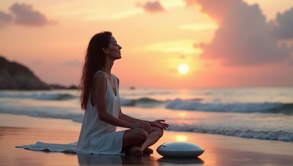 "A serene woman sits on a tranquil beach at sunset with her hands gently touching a sleek silver wellness tech gadget, surrounded by calming ocean waves and a breathtaking sky."