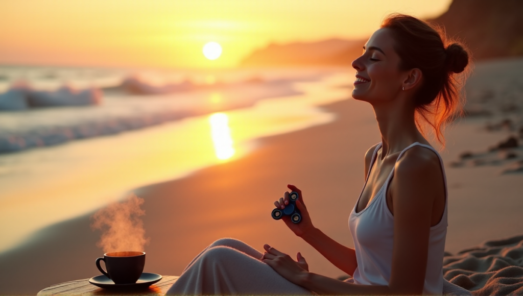 "A serene woman relaxes on a tranquil beach at sunset, holding a weighted blanket and sipping steaming hot tea, surrounded by calming ocean waves."