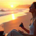 Find Inner Peace with Best Stress Relief Devices That Work for You Today "A serene woman relaxes on a tranquil beach at sunset, holding a weighted blanket and sipping steaming hot tea, surrounded by calming ocean waves."