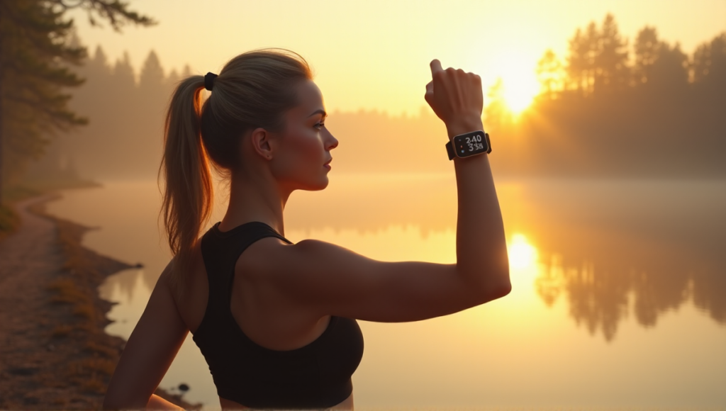 "A young woman stands at a serene lake's edge, wearing a sleek black sports watch, focused on tracking her progress with determination."