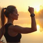 "Unlock Your Ultimate Fitness Potential with Top Activity Trackers That Work as Hard as You Do" "A young woman stands at a serene lake's edge, wearing a sleek black sports watch, focused on tracking her progress with determination."