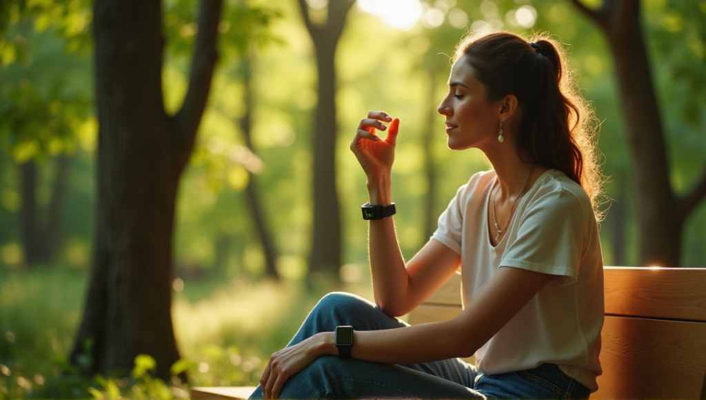 "A woman sits on a wooden bench in a forest, wearing a fitness tracker and holding a smartwatch, with a glowing wellness crystal pendant around her neck, exuding calm contentment."