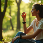 Unlock Your Optimal Health with Smart Devices Revolutionizing Modern Wellness "A woman sits on a wooden bench in a forest, wearing a fitness tracker and holding a smartwatch, with a glowing wellness crystal pendant around her neck, exuding calm contentment."