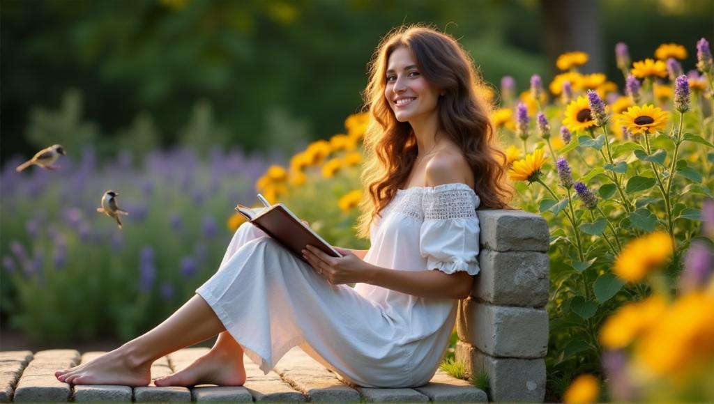 "A serene woman sits on a stone bench in a tranquil garden, surrounded by lush greenery and vibrant flowers, engaged in introspection with her journal and pen."