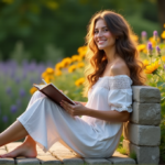 "A serene woman sits on a stone bench in a tranquil garden, surrounded by lush greenery and vibrant flowers, engaged in introspection with her journal and pen."